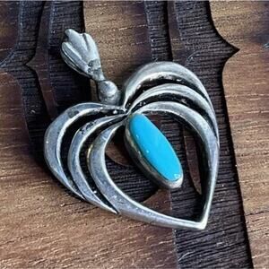 Vintage Sterling Silver Heart Pendant With Turquoise Southwestern Style